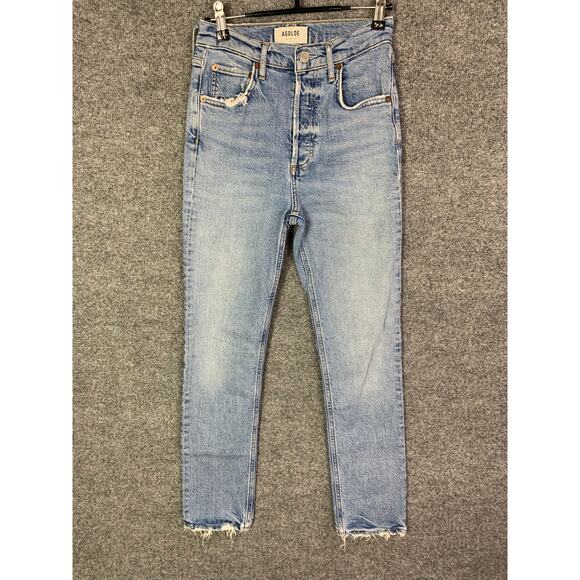 Agolde Riley Long Jeans Distressed Raw Hem Cove Light Wash Size 23 - Picture 2 of 11